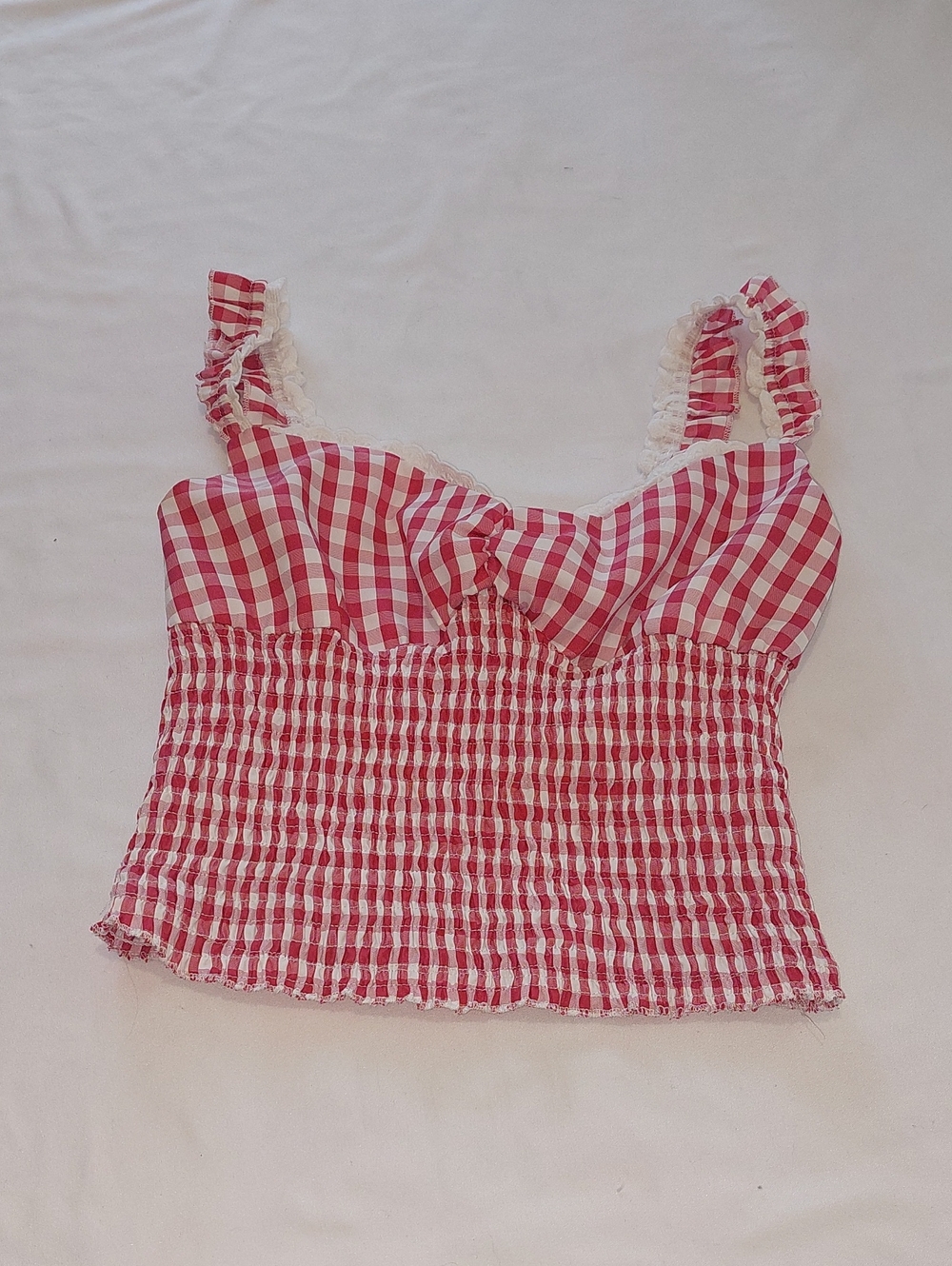 SHEIN Red and White Gingham Smocked Crop Cami.Size S